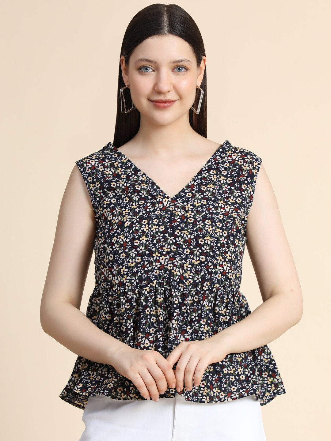 KERI PERRY Women Blue Floral Print Flared Top