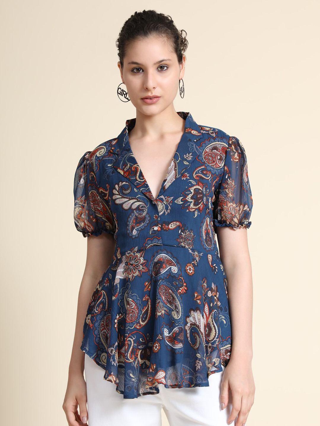 KERI PERRY Women Teal Georgette Paisley Printed Flared Top