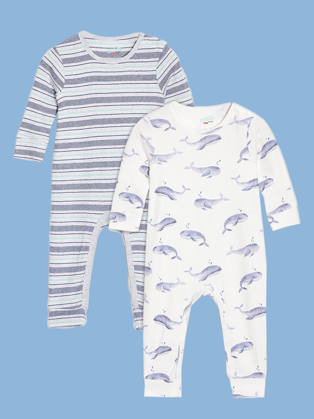 Broon Infant Boys Pack of 2 Blue & White Printed Organic Cotton Sleep-suit