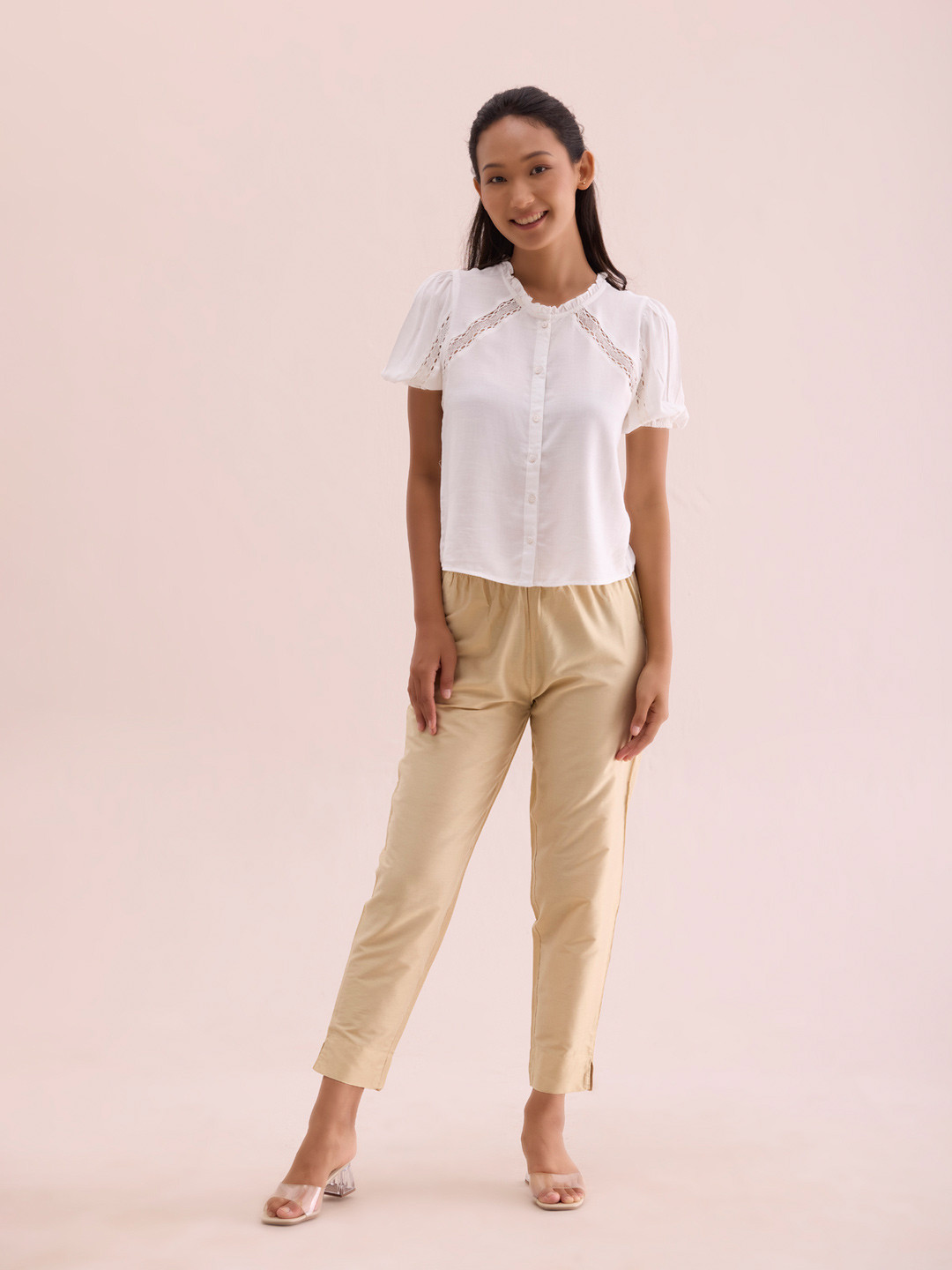 Go Colors Women Cream-Coloured Tapered Fit Trousers