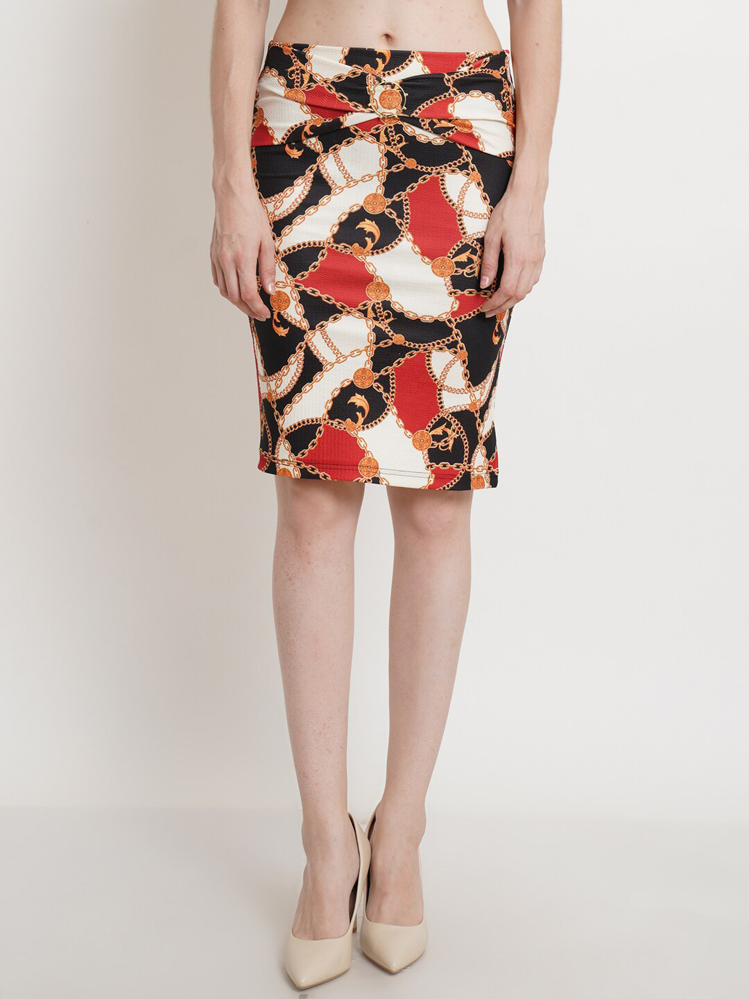 Popwings Women Red & Black Chain Printed Pencil Skirt