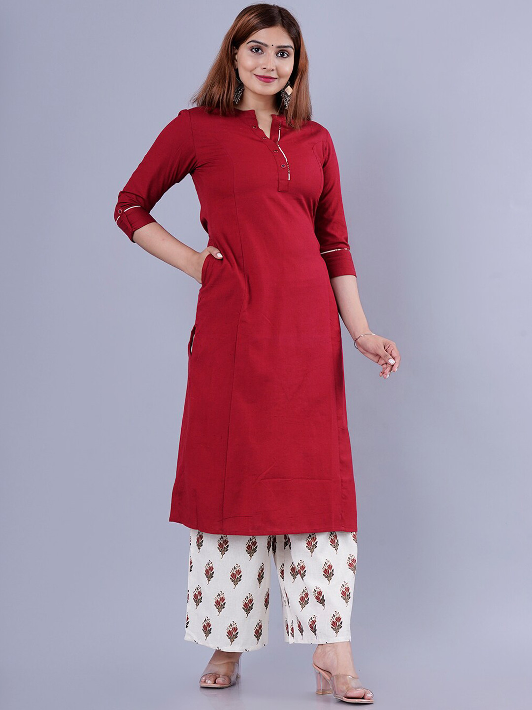KALINI Women Maroon Floral Kurta with Palazzos