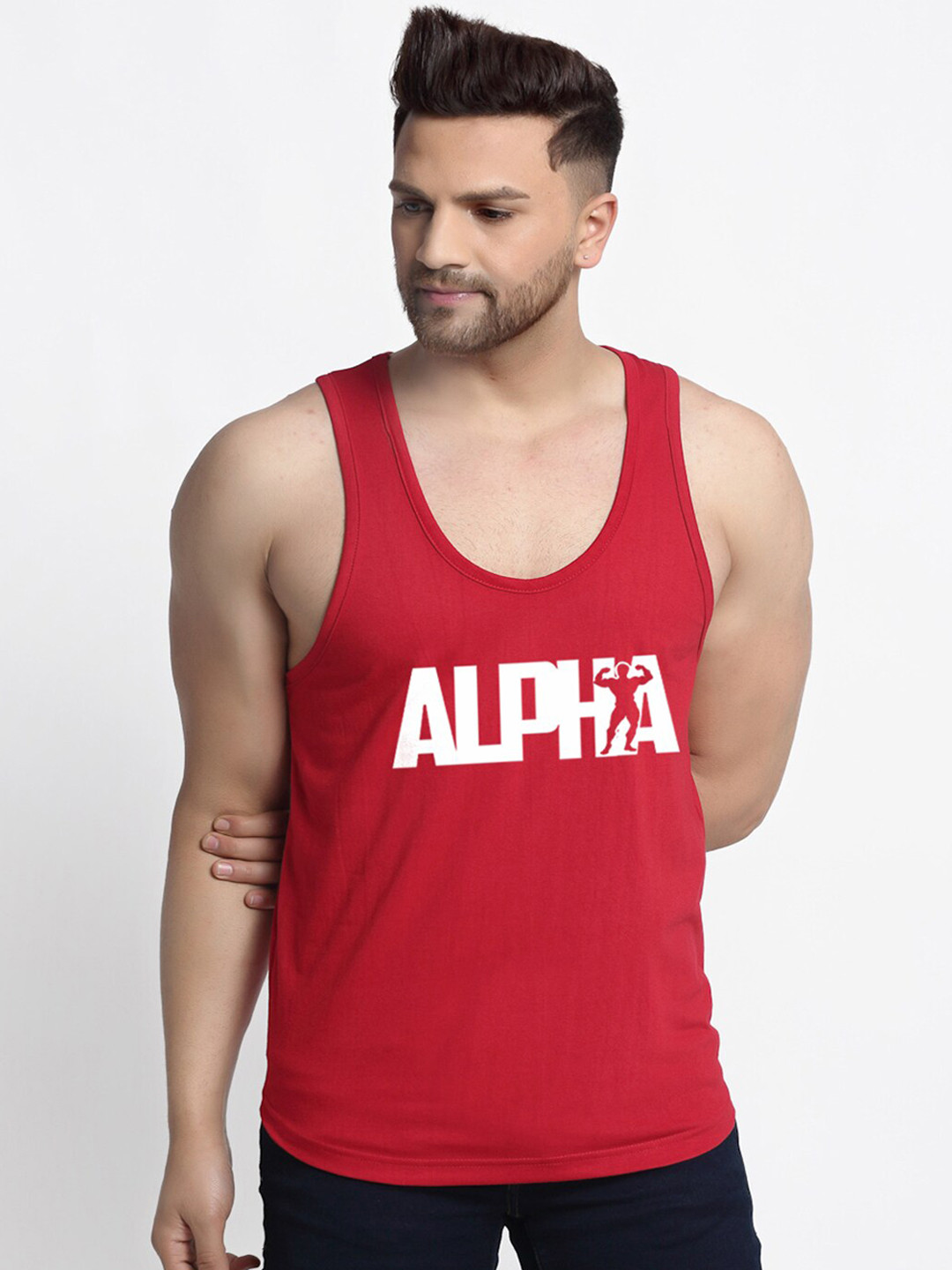 Friskers Men Maroon Printed Apple Cut Sleeveless Gym Vest