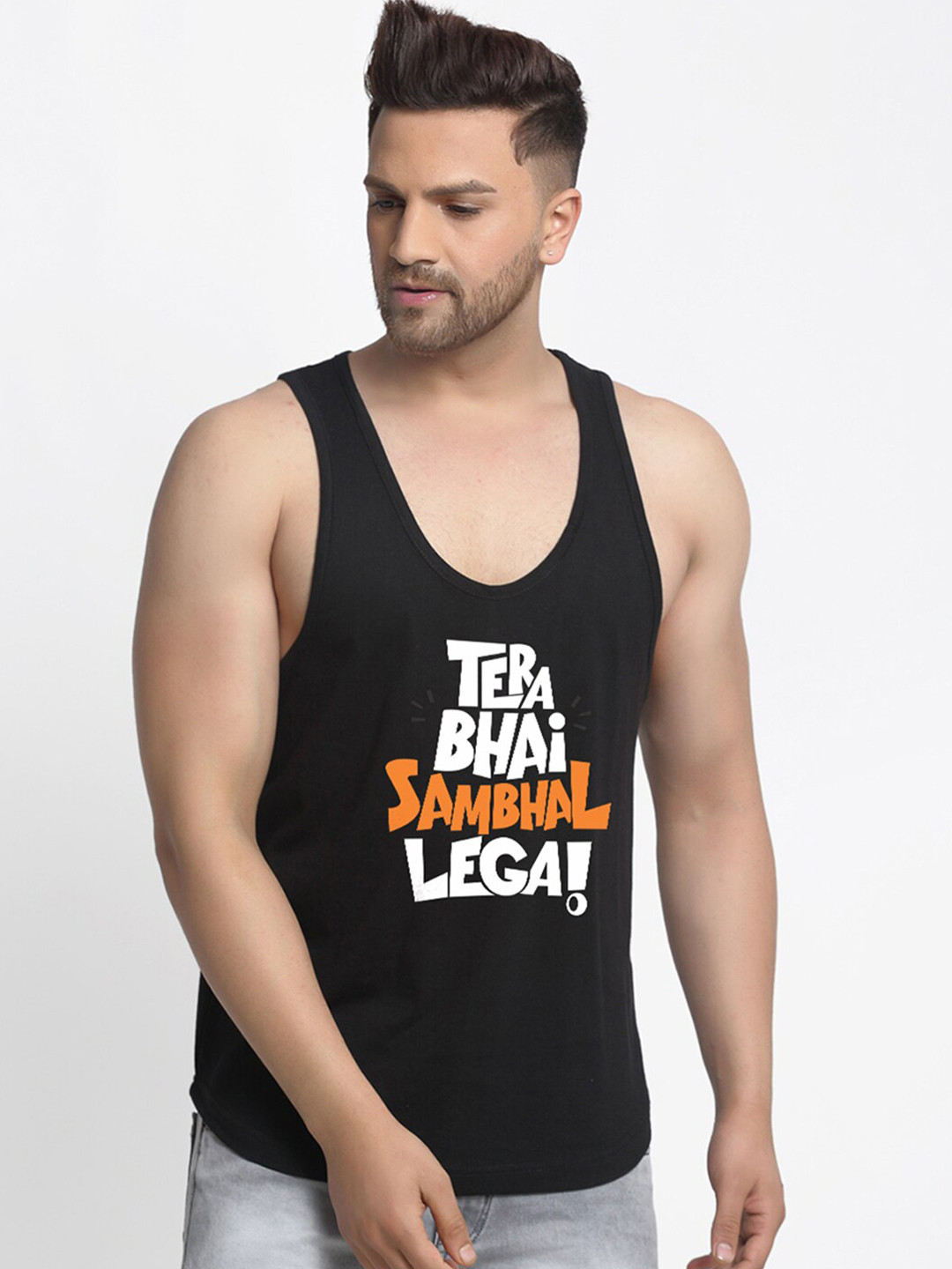 Friskers Men Black Printed Sleeveless  Cotton Innerwear Vests
