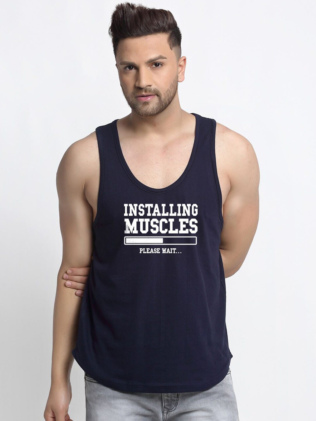 Friskers Men Navy Blue & White Instaling Muscles Printed Cotton Innerwear Vests