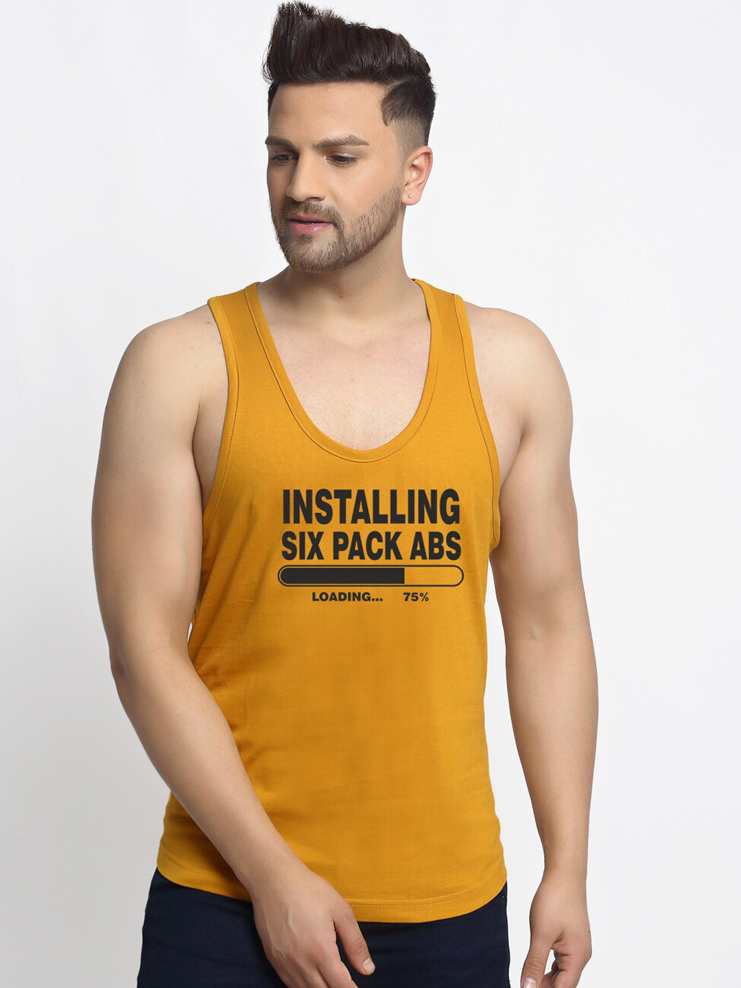 Friskers Men Gold-Colored Printed Pure Cotton Innerwear Gym Vests