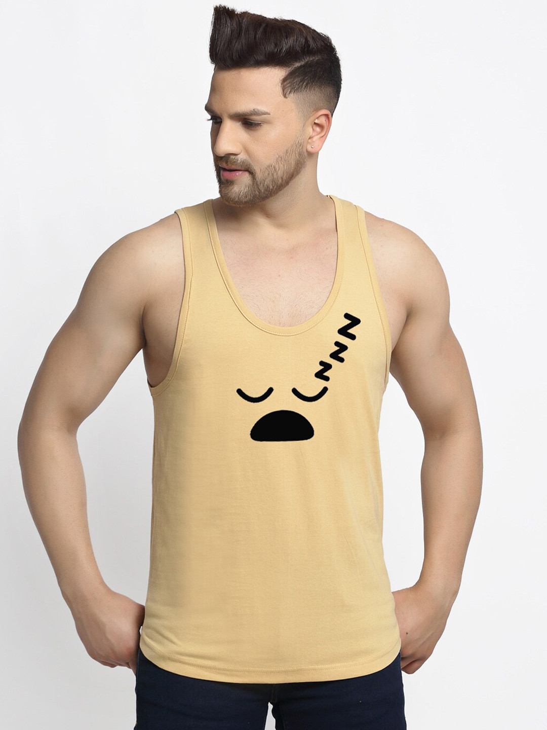 Friskers Men Beige & Black Sleepy Printed Pure Cotton Gym Vest