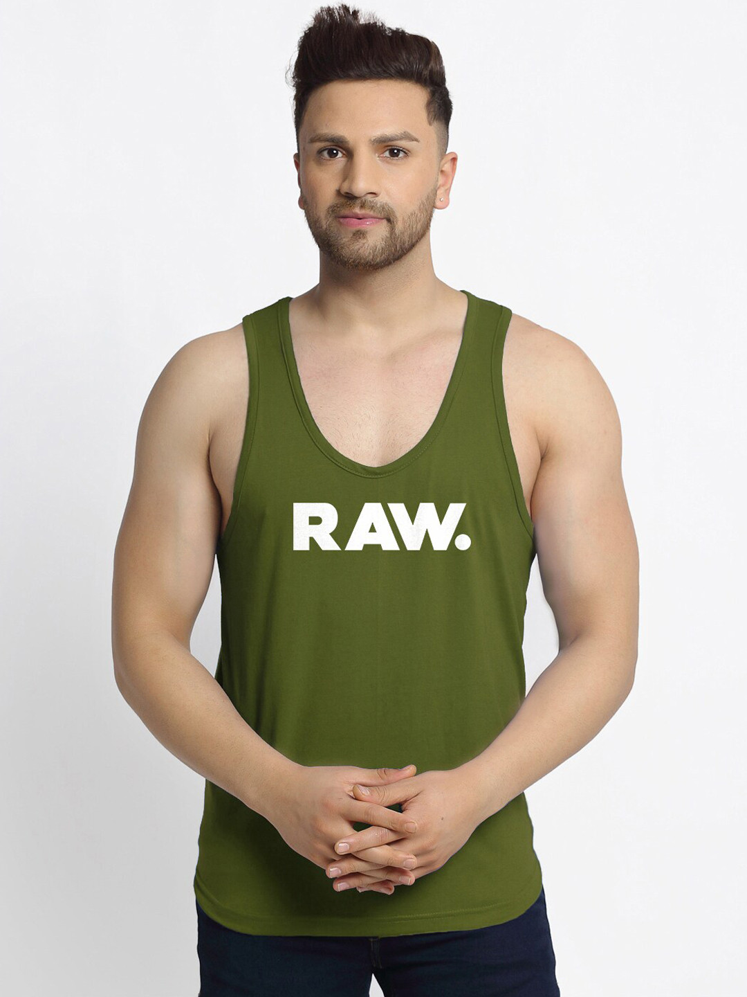 Friskers Men Olive-Green & White Raw Printed Pure Cotton Gym Vest