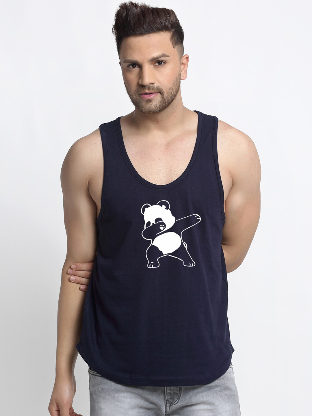 Friskers Men Navy-Blue & White Panda Printed Pure Cotton Gym Vest