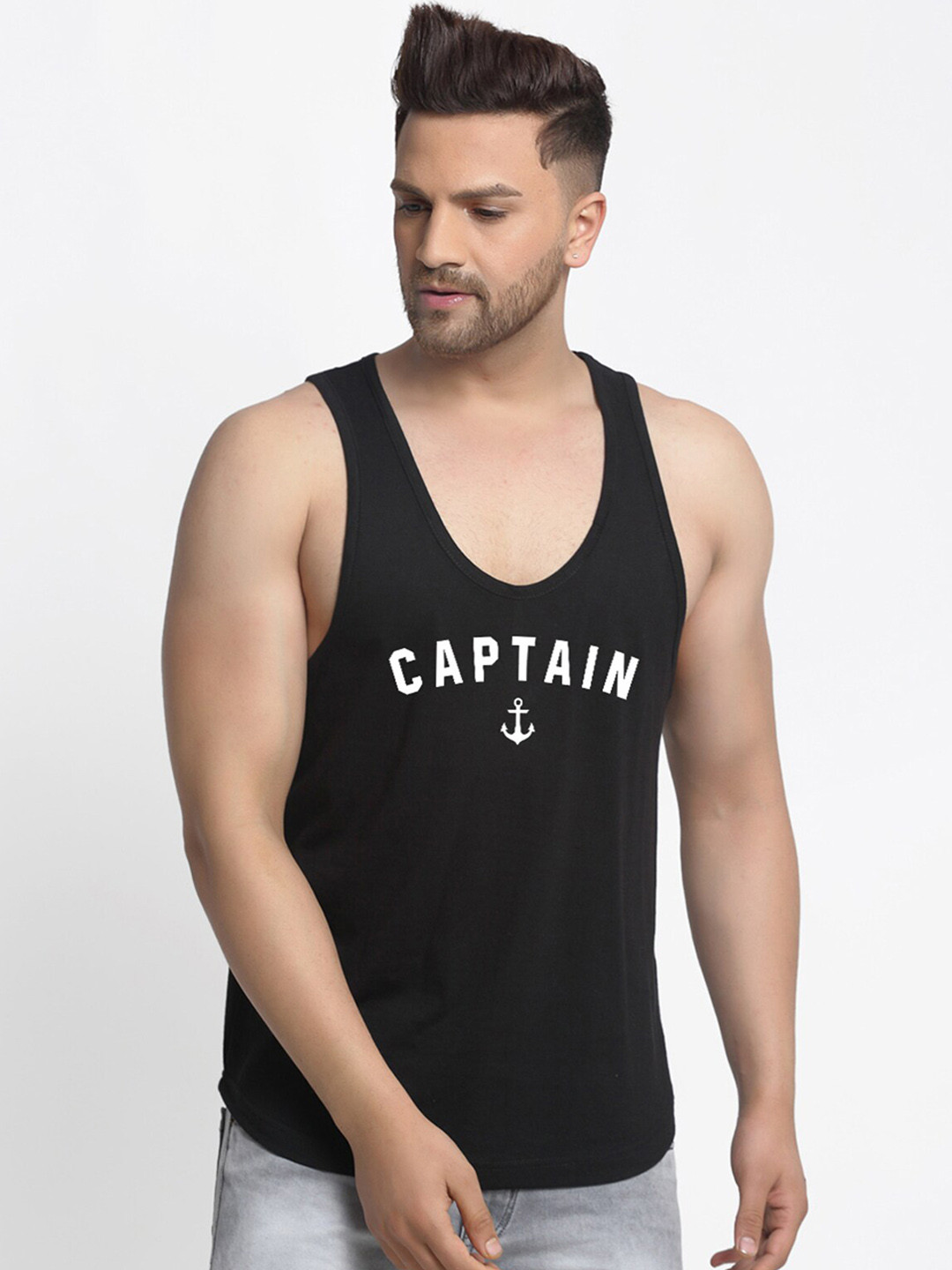 Friskers Men Black & White Captain Printed Pure Cotton Gym Vest