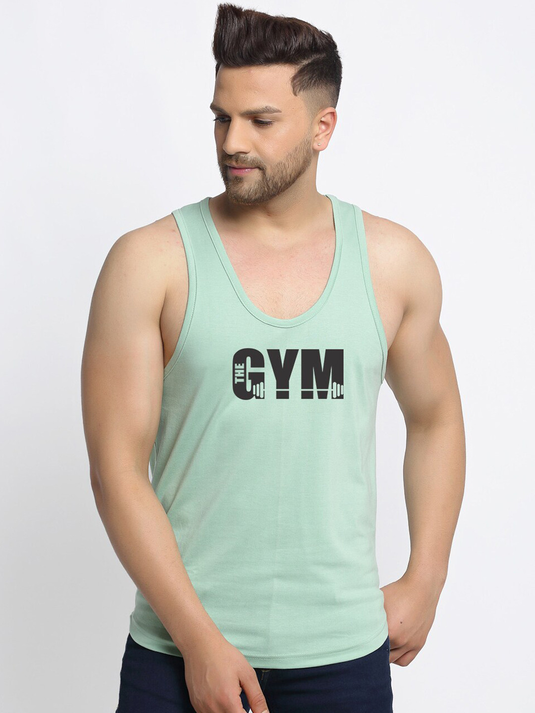 Friskers Men Sea Green Typography Printed Gym  Vests