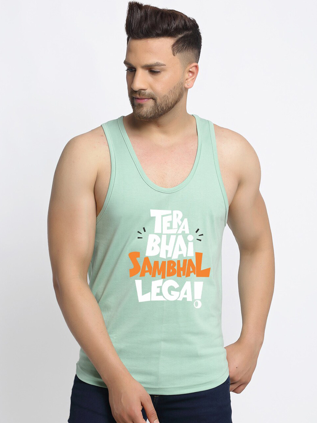 Friskers Men's Sea Green & White Printed Pure Cotton Gym Vest