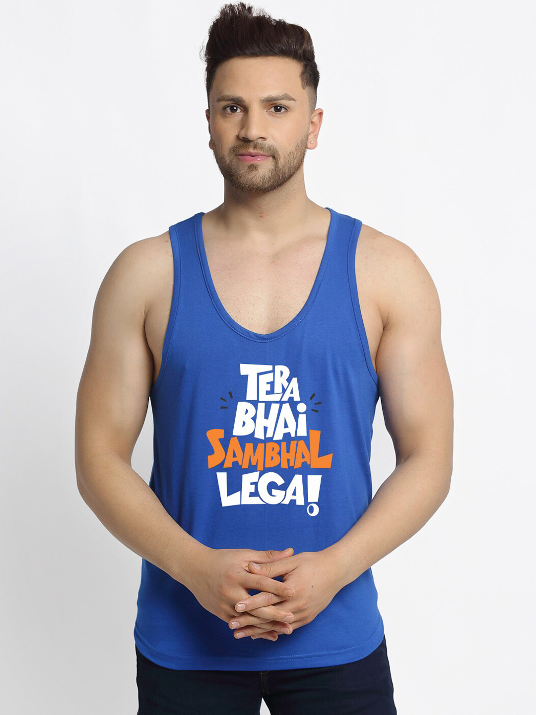 Friskers Men Blue Printed Apple Cut Sleeveless Gym Vest