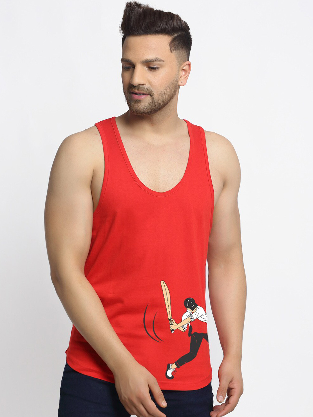 Friskers Men Red Printed 175 - 180 GSM Pure Cotton Innerwear Vest