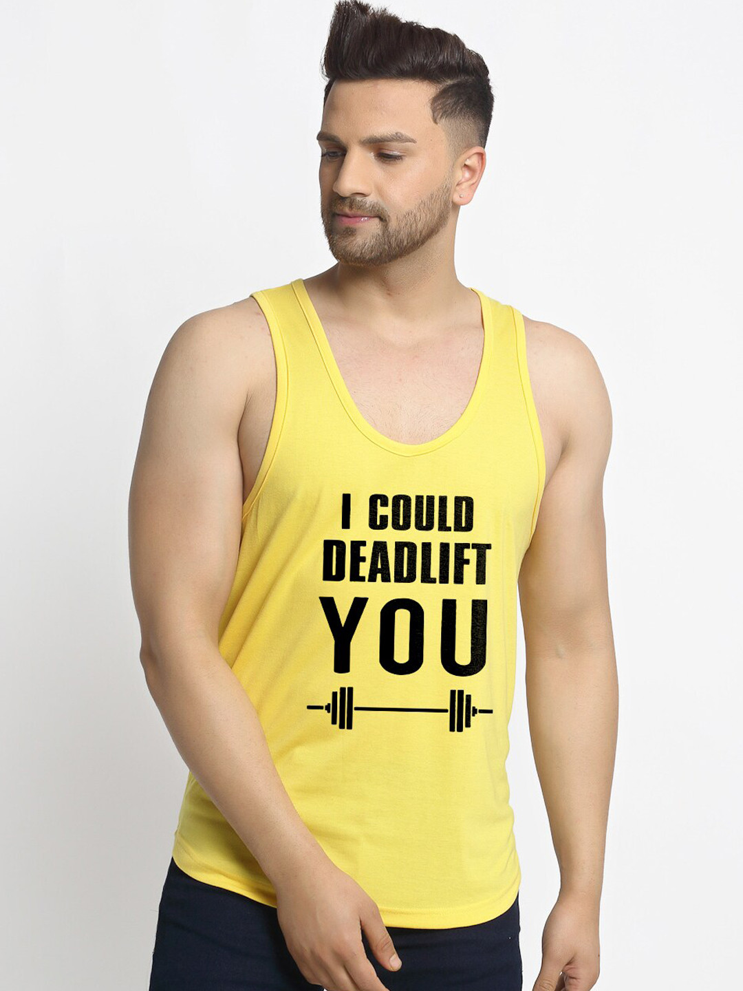 Friskers Men Yellow & Black Printed Pure Cotton Sleeveless Gym Vest