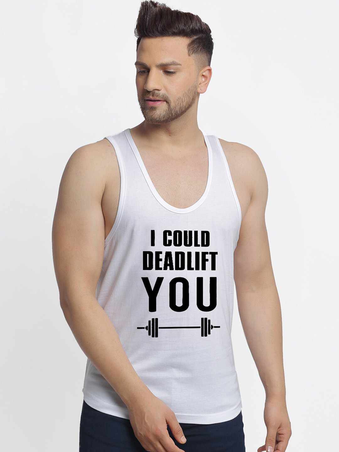 Friskers Men White & Black Printed Apple Cut Sleeveless Pure Cotton Gym Vest