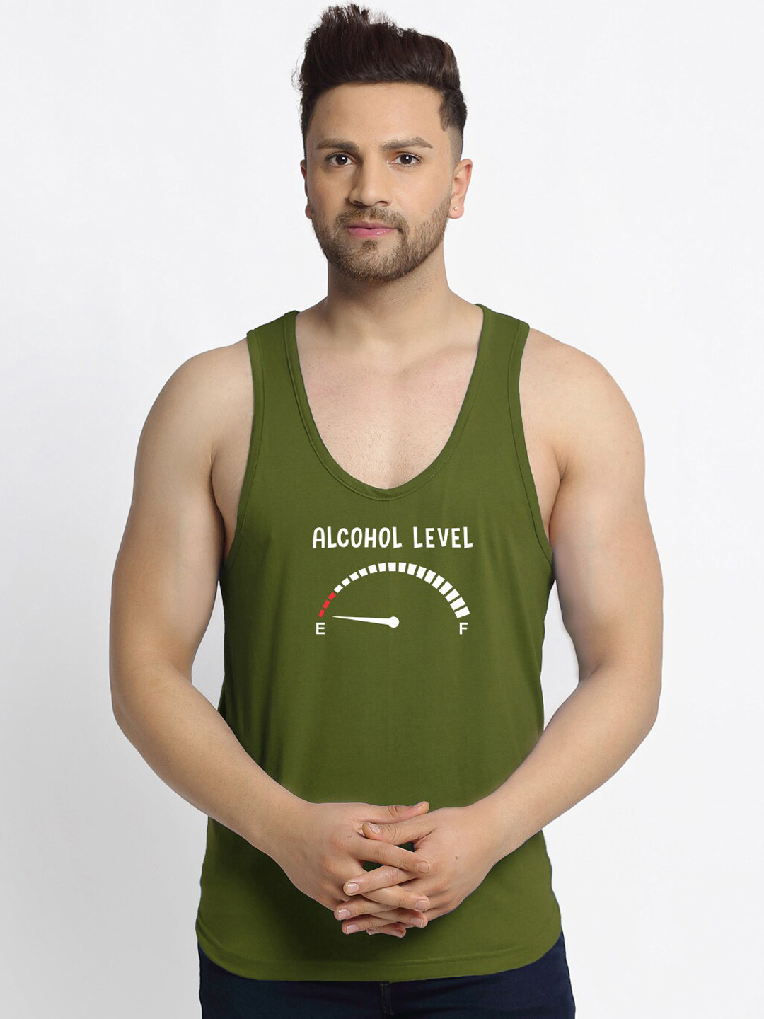 Friskers Men Olive-Green & White Printed Pure Cotton Gym Vest