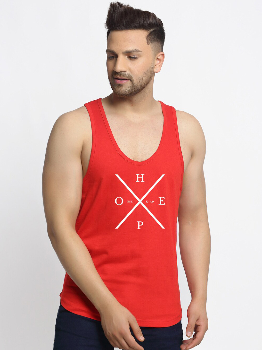 Friskers Men Red & White Hope Printed Cotton Innerwear Vests