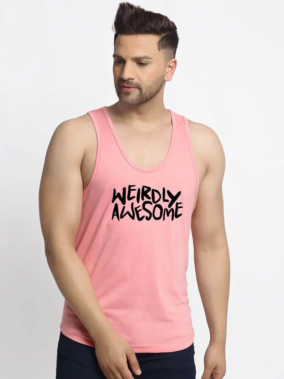Friskers Men Coral-Pink Printed Pure Cotton Innerwear Gym Vest