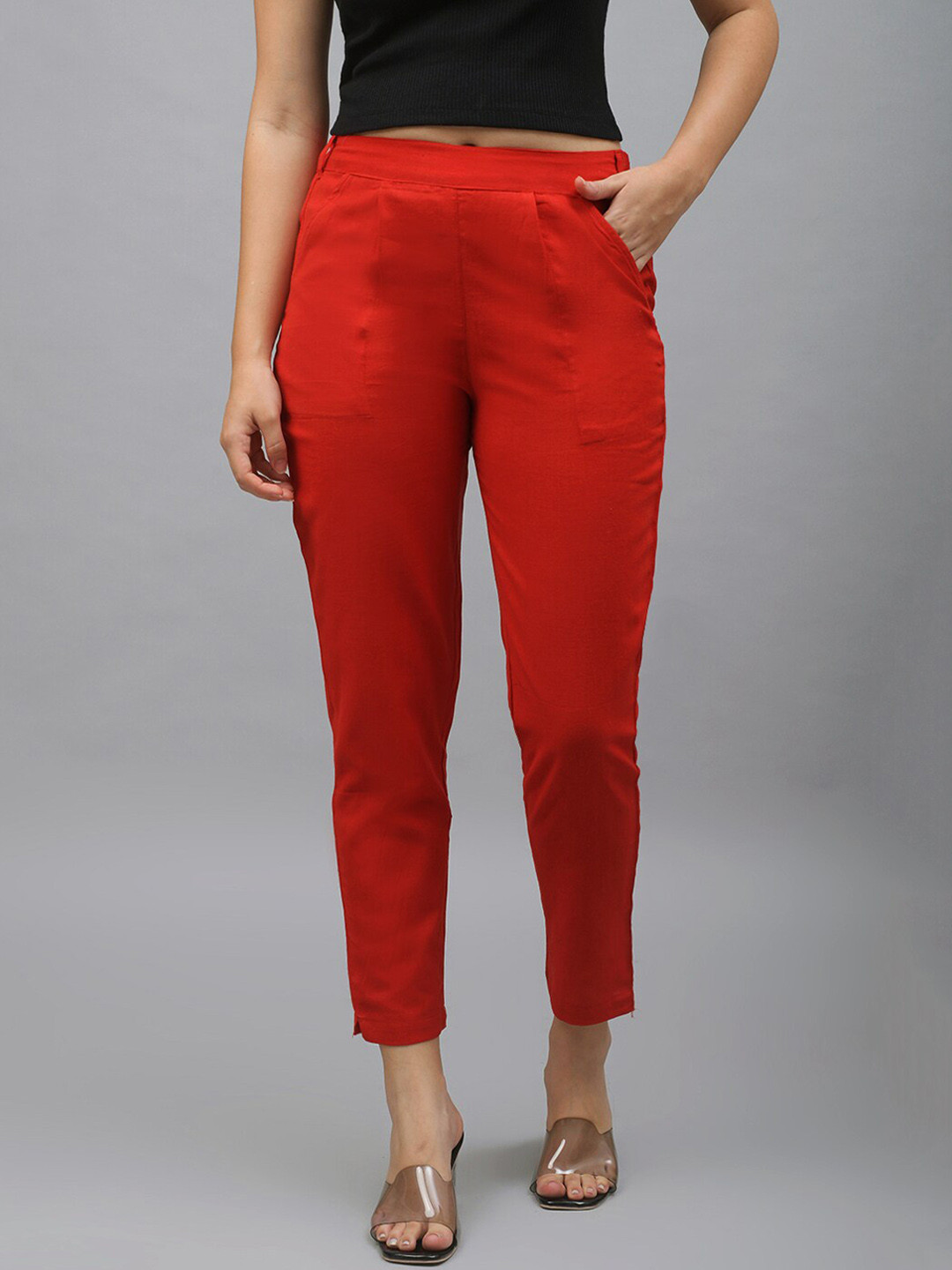 Me Craft Women Red Easy Wash Trousers