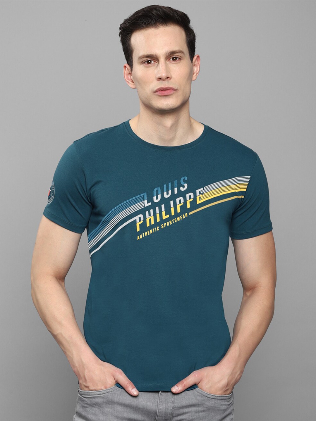 Louis Philippe Sport Printed Men Round Neck Blue T-Shirt - Buy