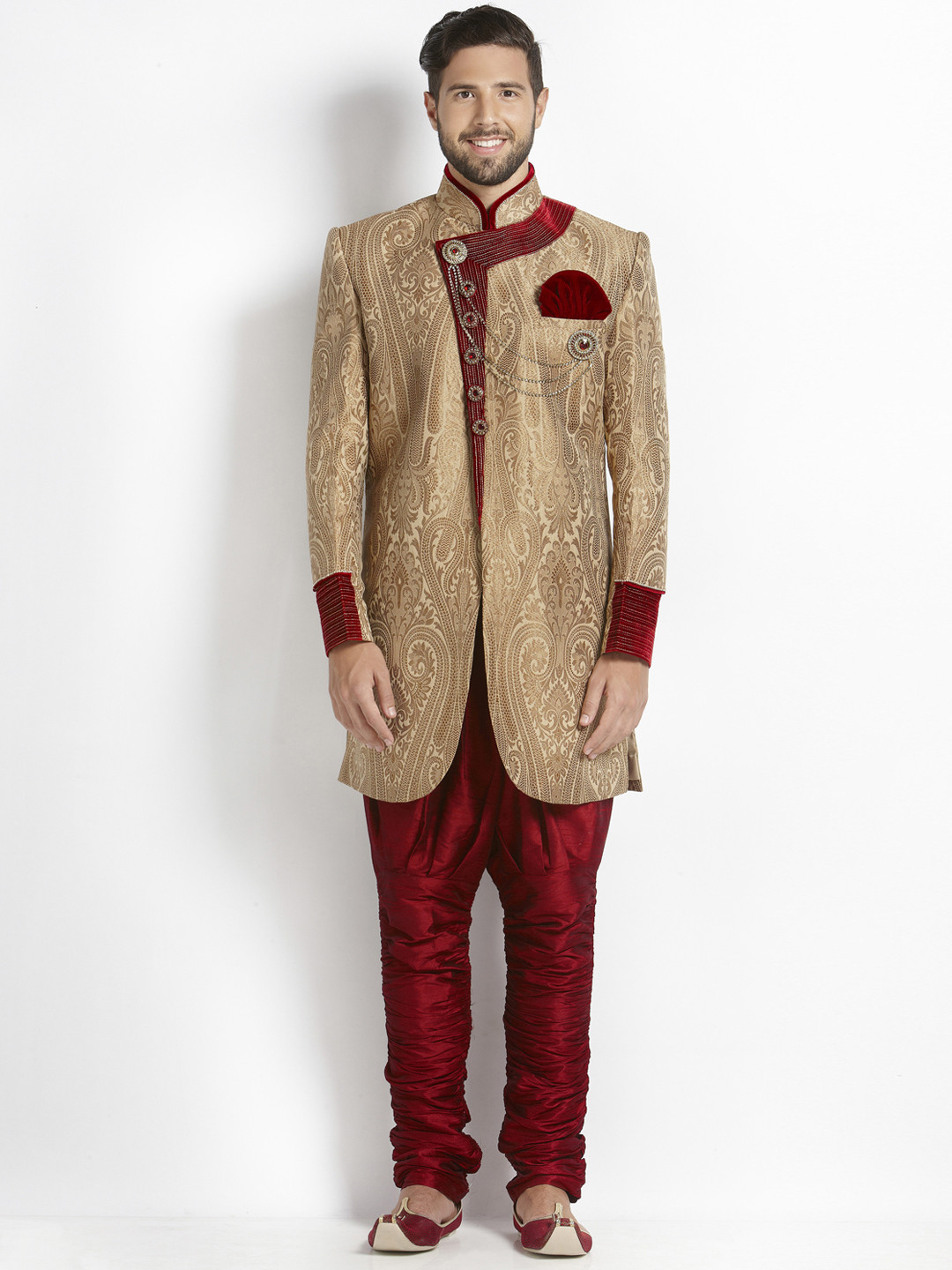Manyavar Beige & Maroon Brocade Sherwani