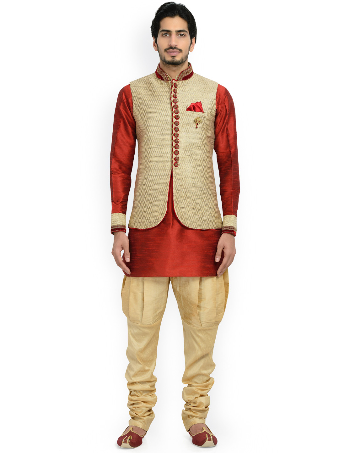 Manu Men Beige & Red Pure Silk Kurta Churidar & Nehru Jacket Set