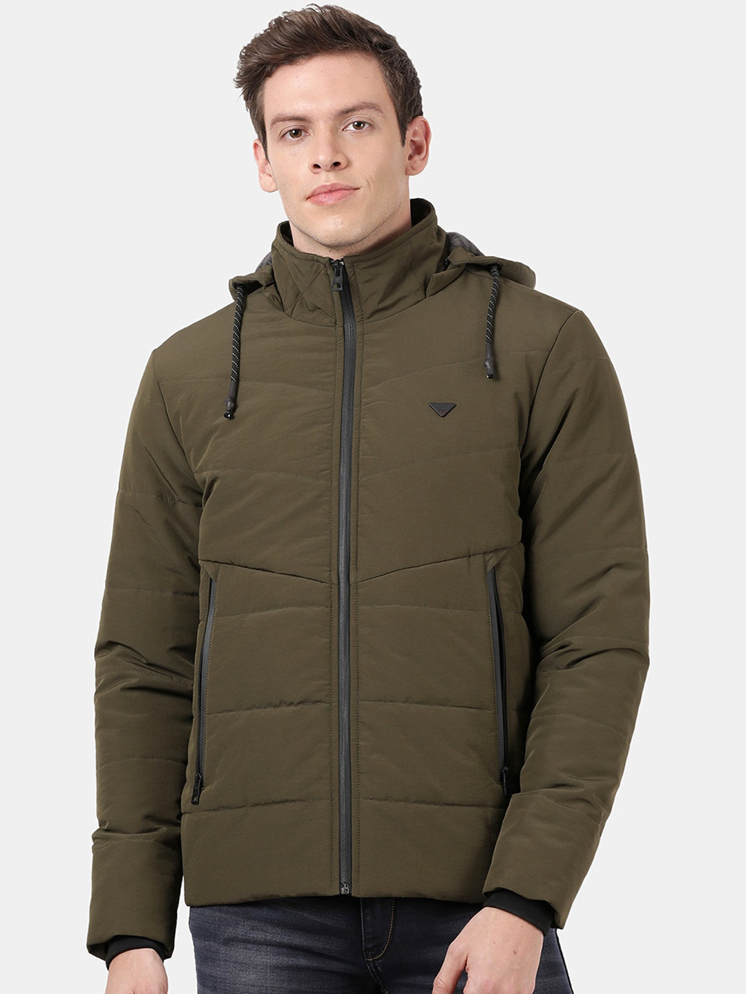 t-base Men Olive Green Windcheater Longline Puffer Jacket