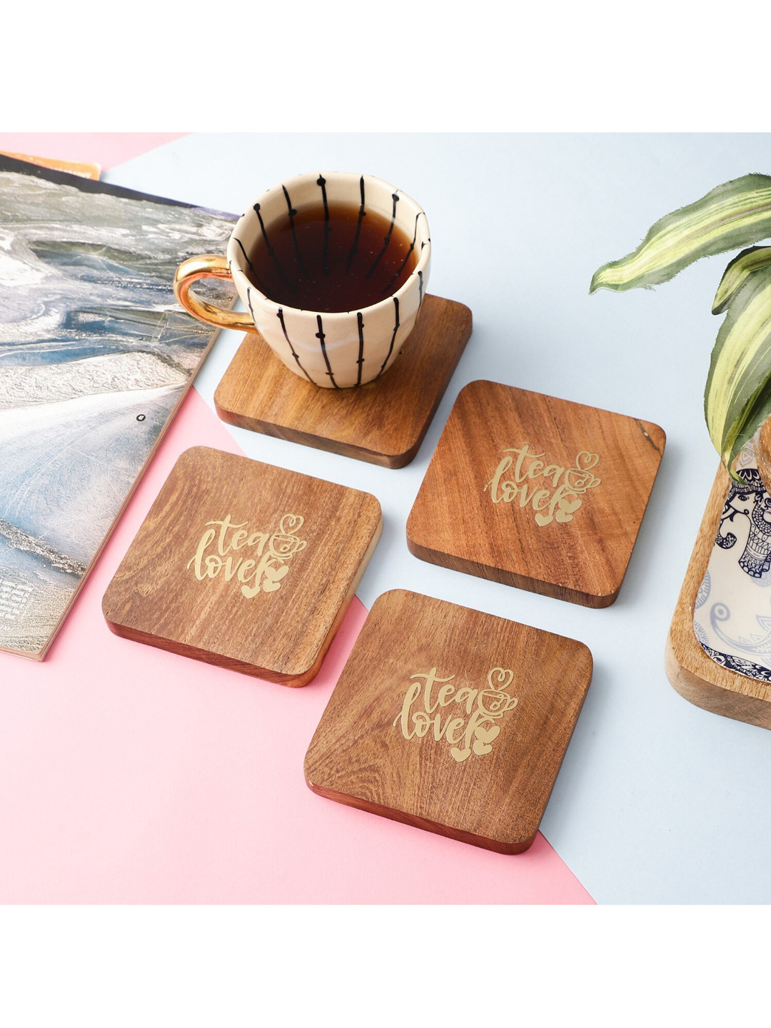 The Decor Mart Set Of 4 Tan Brown Printed Wooden Coasters
