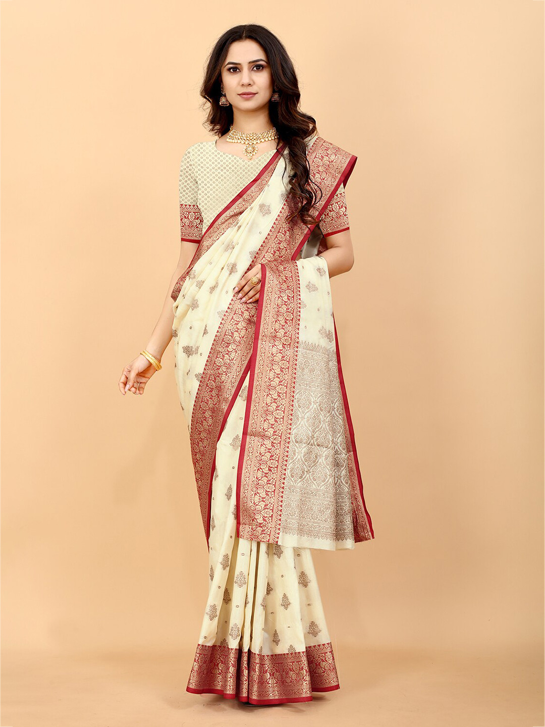 MARGI DESIGNERS Off White & Red Ethnic Motifs Zari Art Silk Kanjeevaram Saree