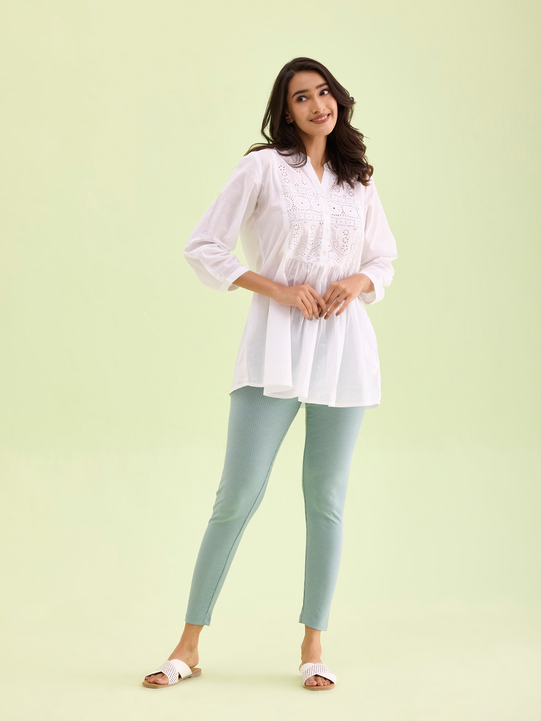 Go Colors Women's Dusty Green Ribbed Leggings