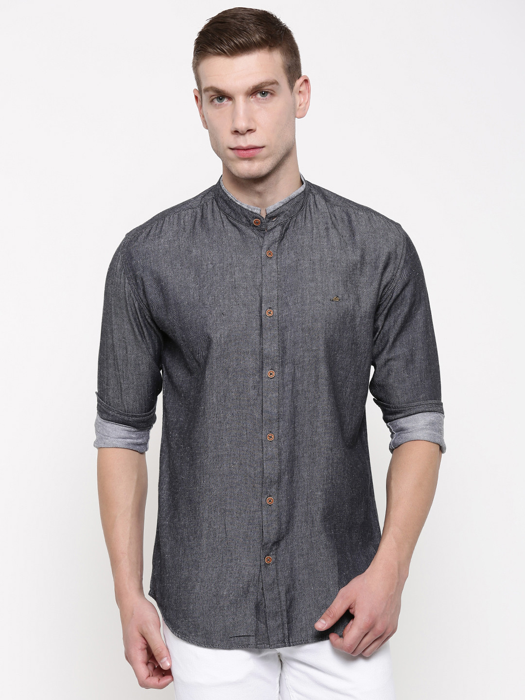 Nature Casuals Men Charcoal Grey Slim Fit Solid Casual Shirt