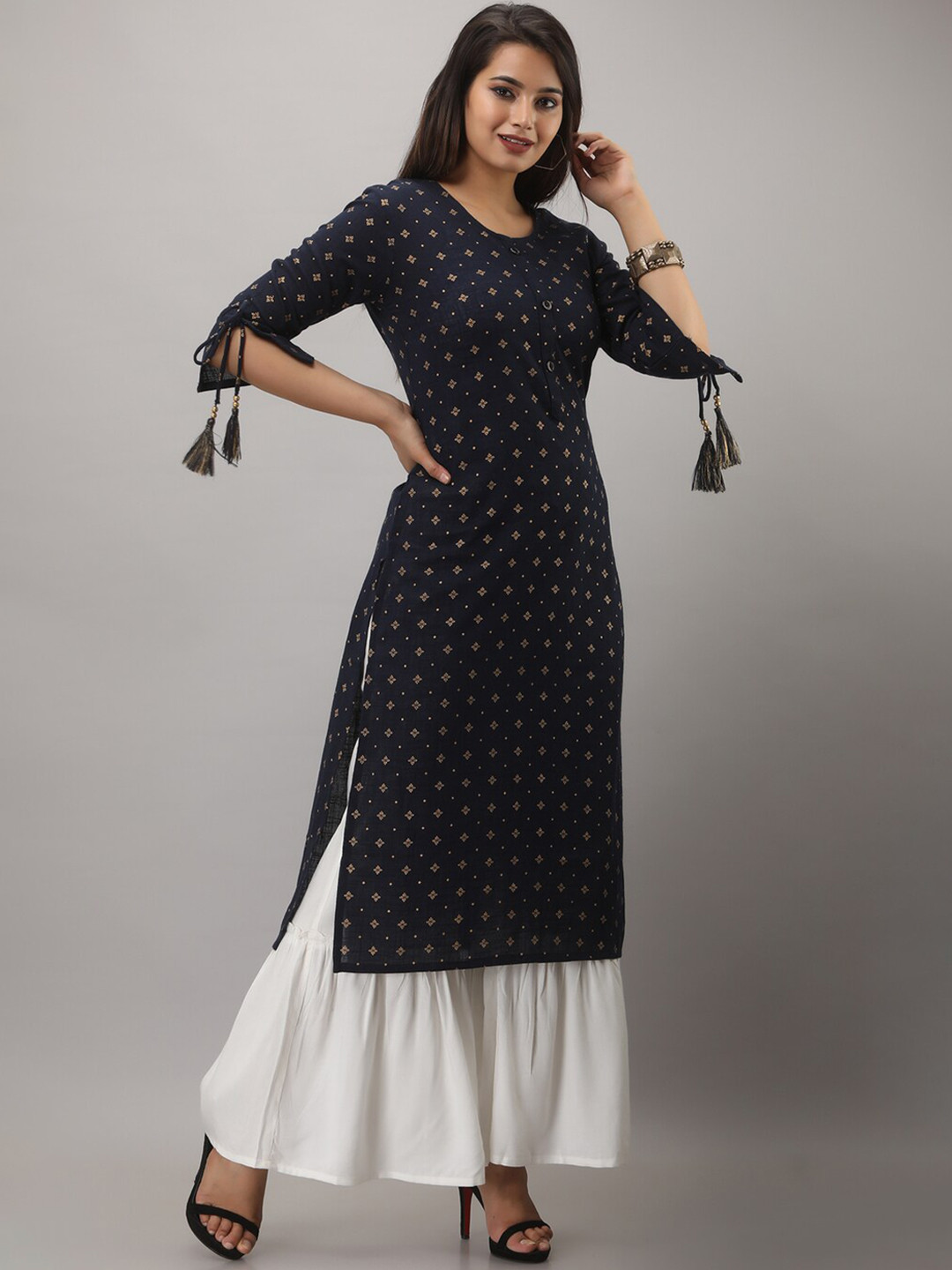 MAUKA Women Navy Blue Ethnic Motifs Printed Pure Cotton Kurta with Sharara