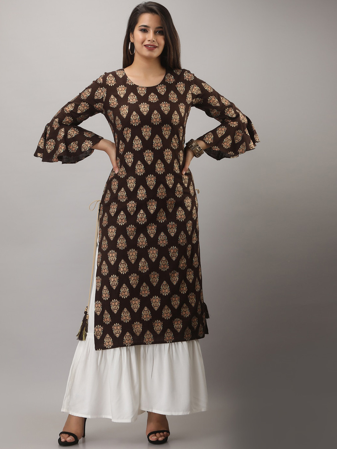 MAUKA Women Coffee Brown Ethnic Motifs Embroidered Empire Kurti with Sharara