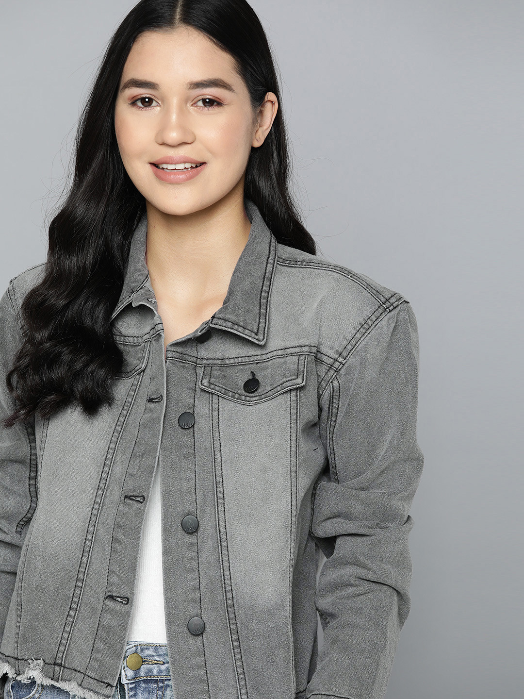 Mast & Harbour Women Mock Flap Pockets Frayed Hem Denim Jacket