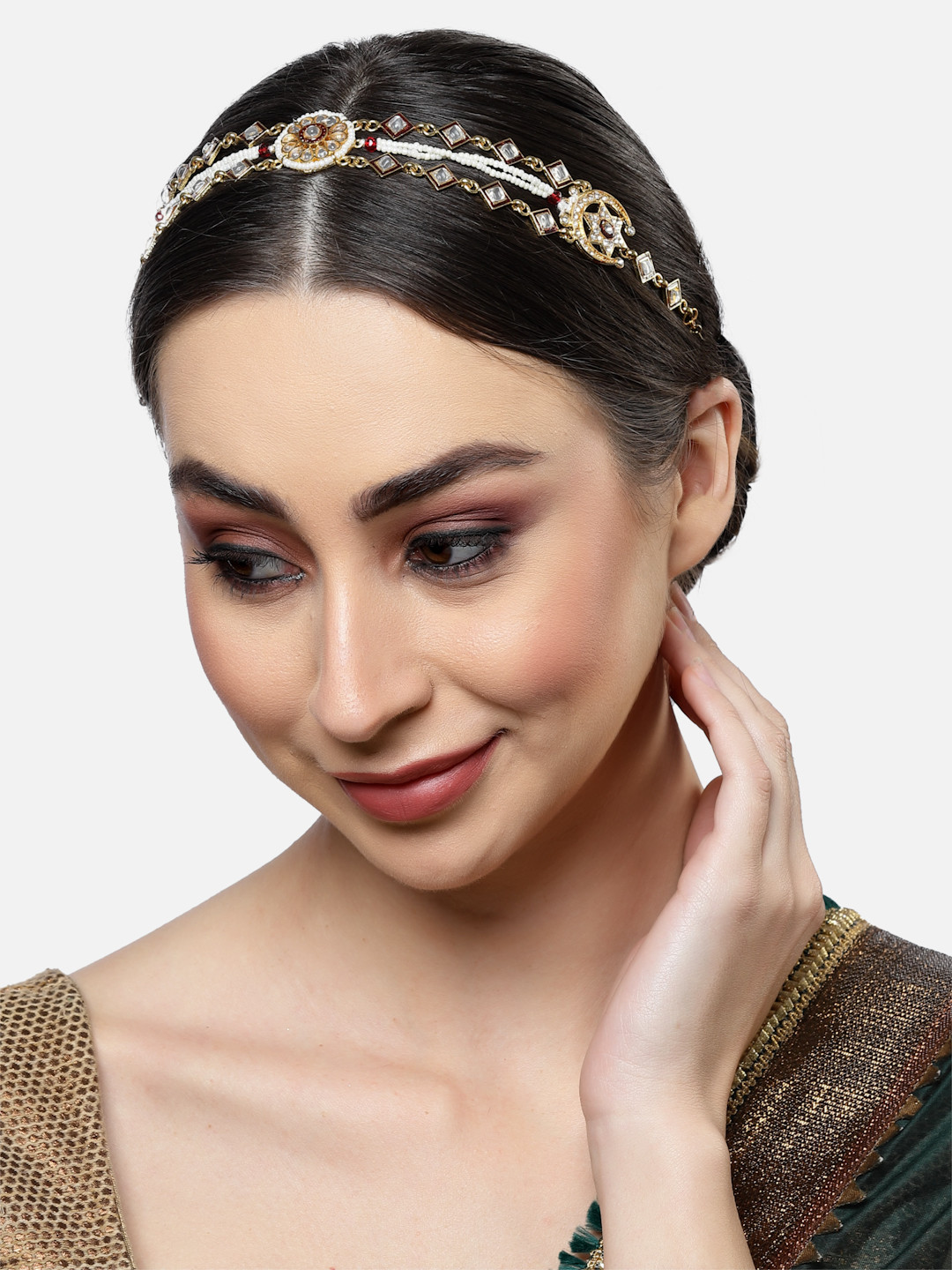 Sanjog Gold-Plated Maroon Red Kundan Studded & Beaded Sheeshpatti