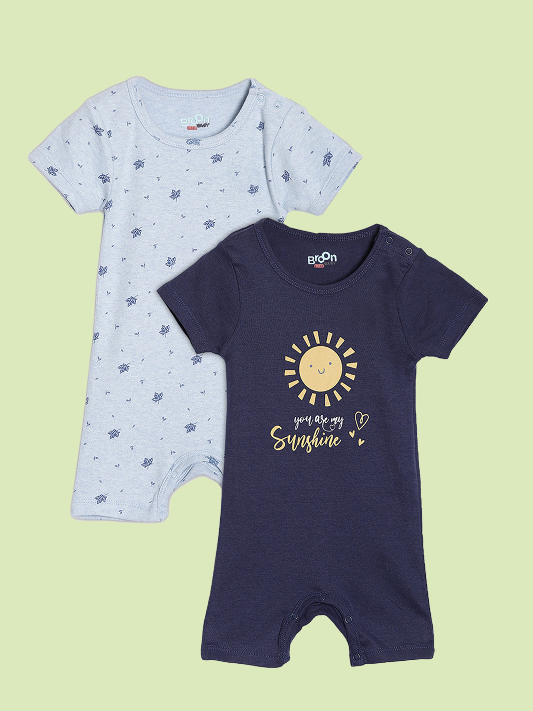 Broon Infant Boys Pack Of 2 Light Blue & Navy Blue Pure Organic Cotton Rompers