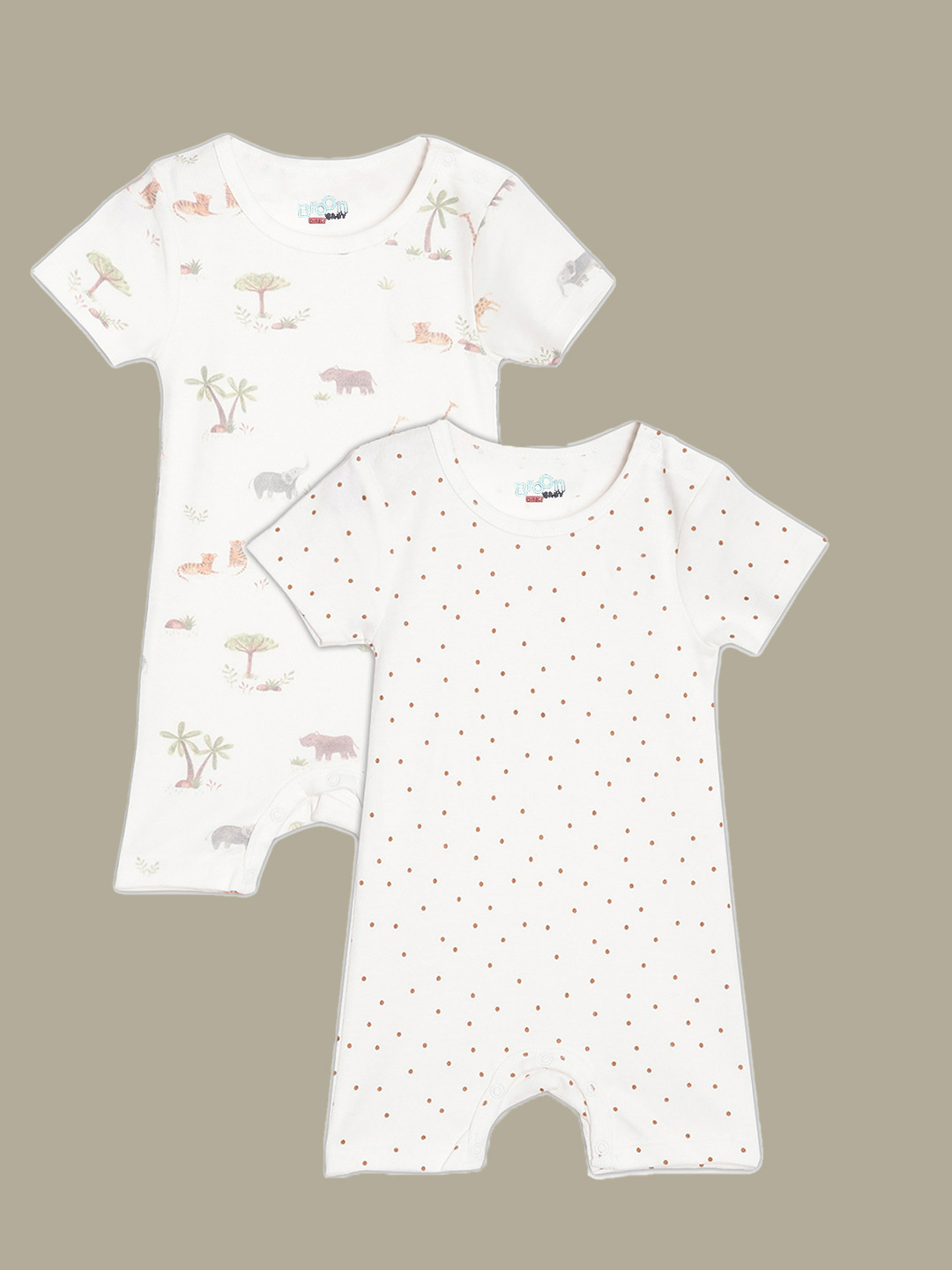 Broon Infant Boys Pack Of 2 White & Off White Pure Organic Cotton Rompers