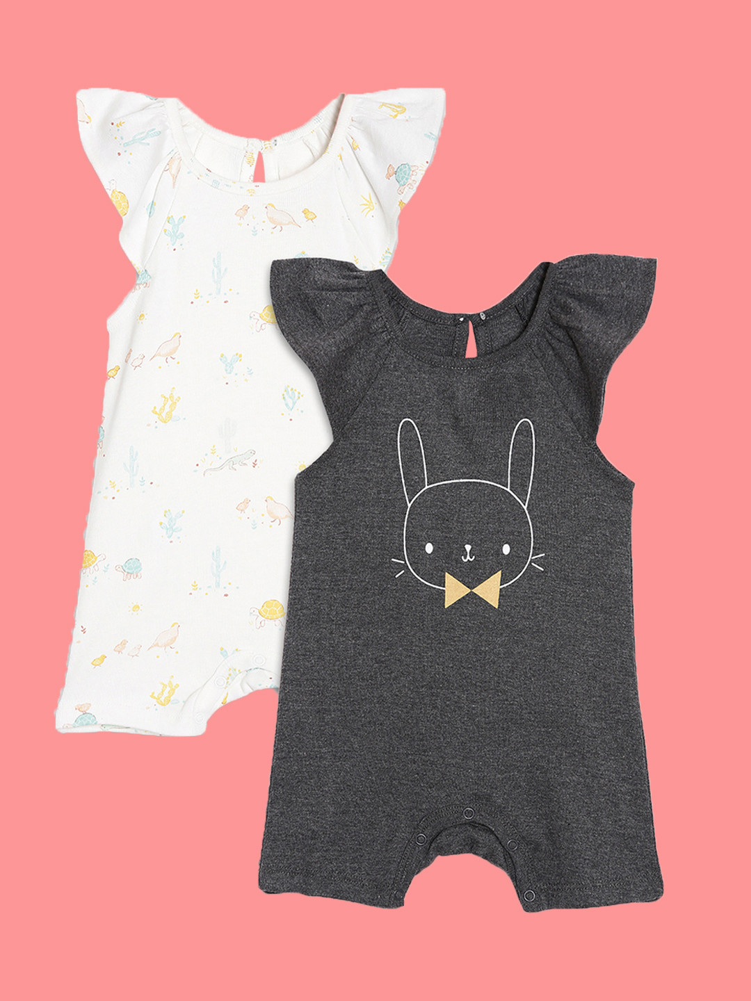 Broon Girls Pack of 2 White & Charcoal Pure Organic Cotton Rompers