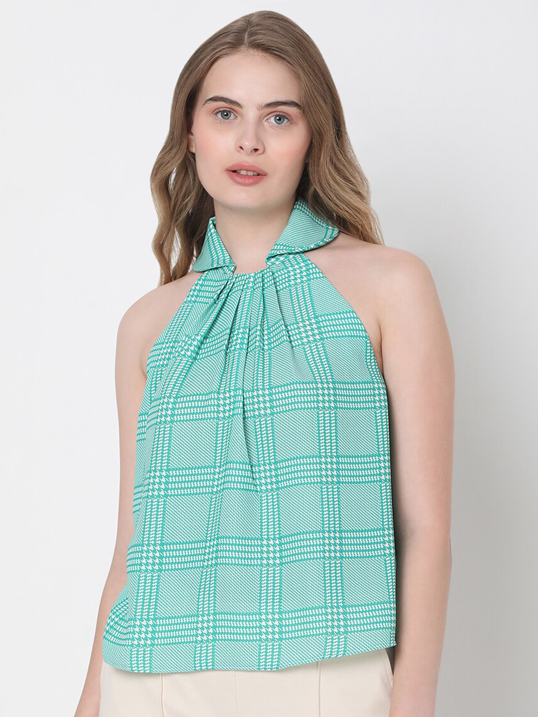 Vero Moda Turquoise Blue Checked Halter Neck Top