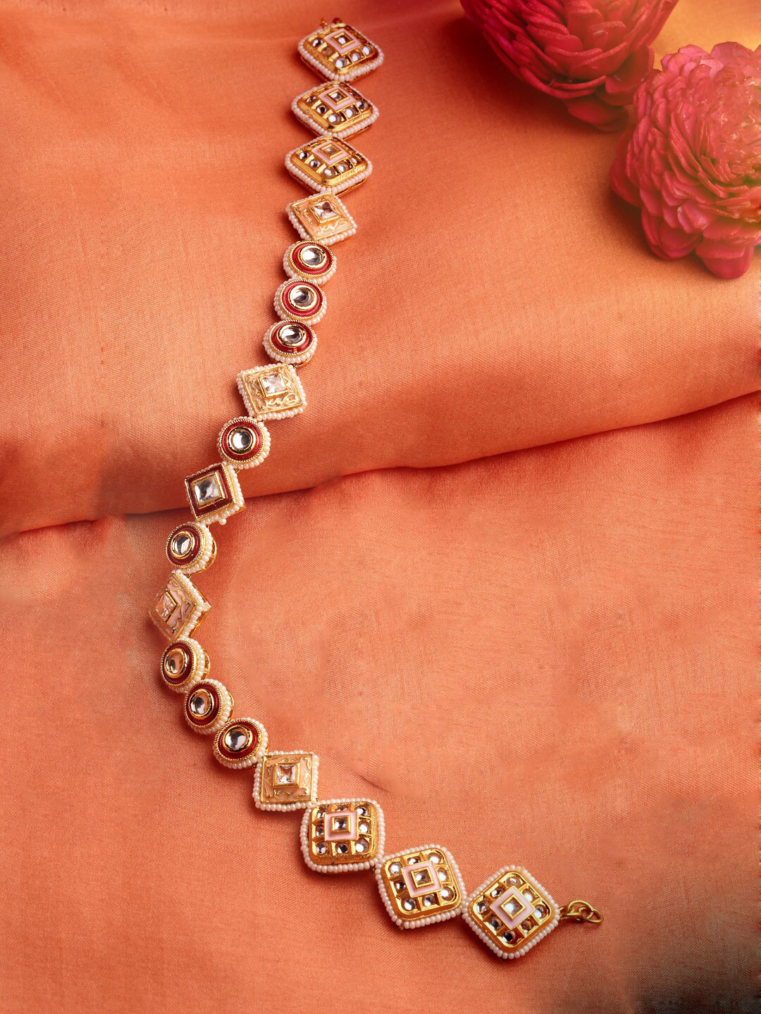 DUGRISTYLE Gold-Plated Red & Pink Kundan Studded Head Chain