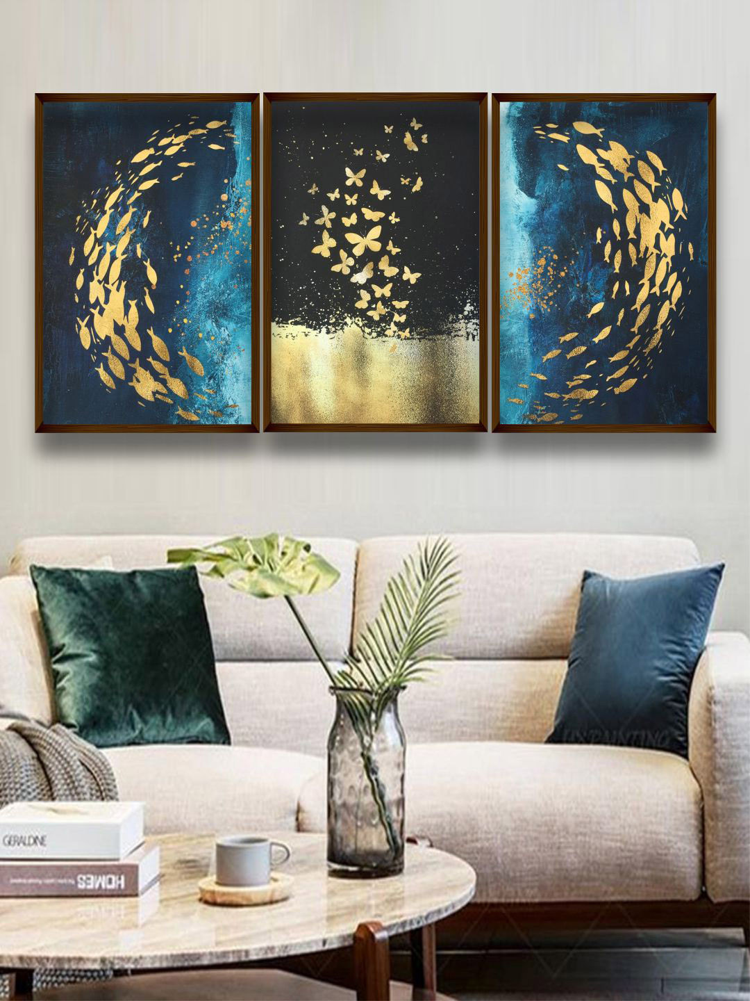 The Art House Set Of 3 Blue & Gold-Coloured Abstract Painting Wall Art
