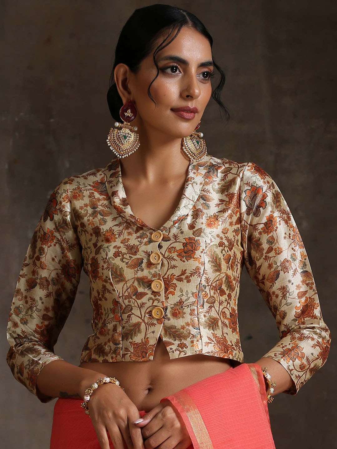 Triyah Gold-Colored Printed Saree Blouse