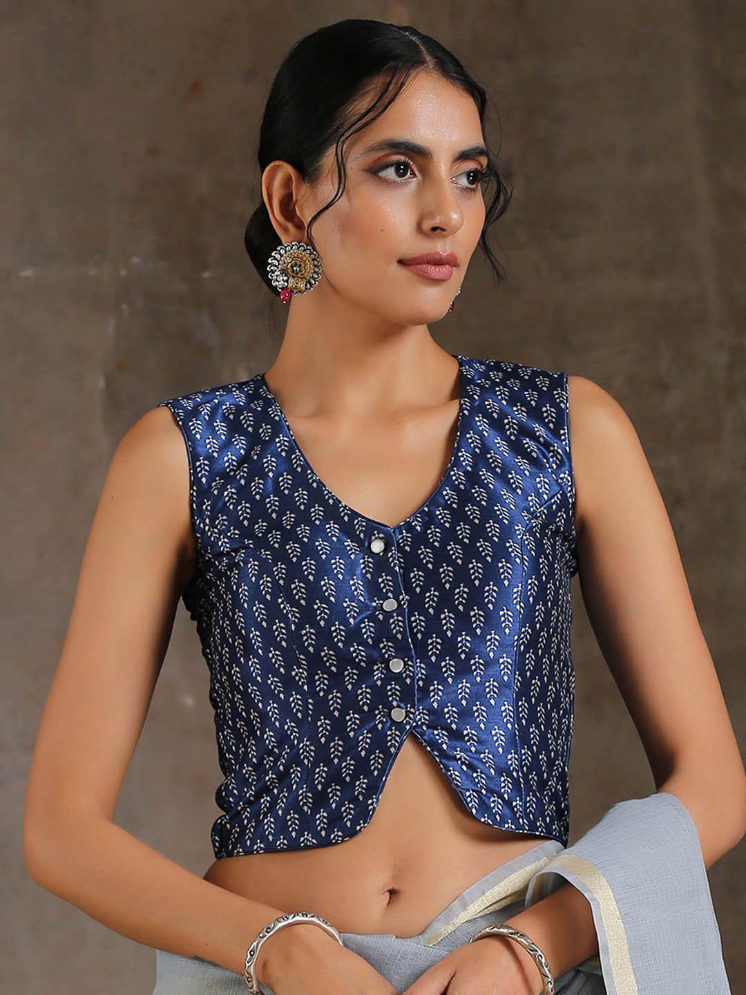 Triyah Blue & White Printed Saree Blouse