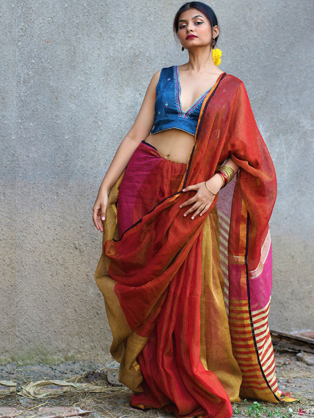 Chidiyaa Shabab Gazala Mustard Handwoven Zari Linen Saree