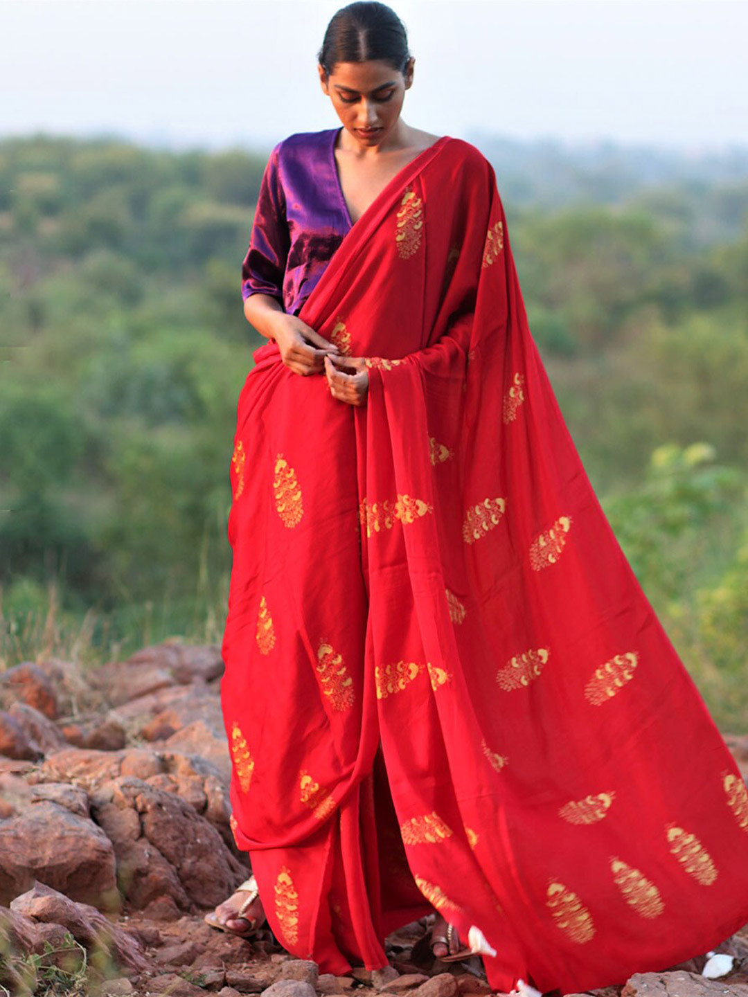 Chidiyaa Red Ethnic Motifs Saree