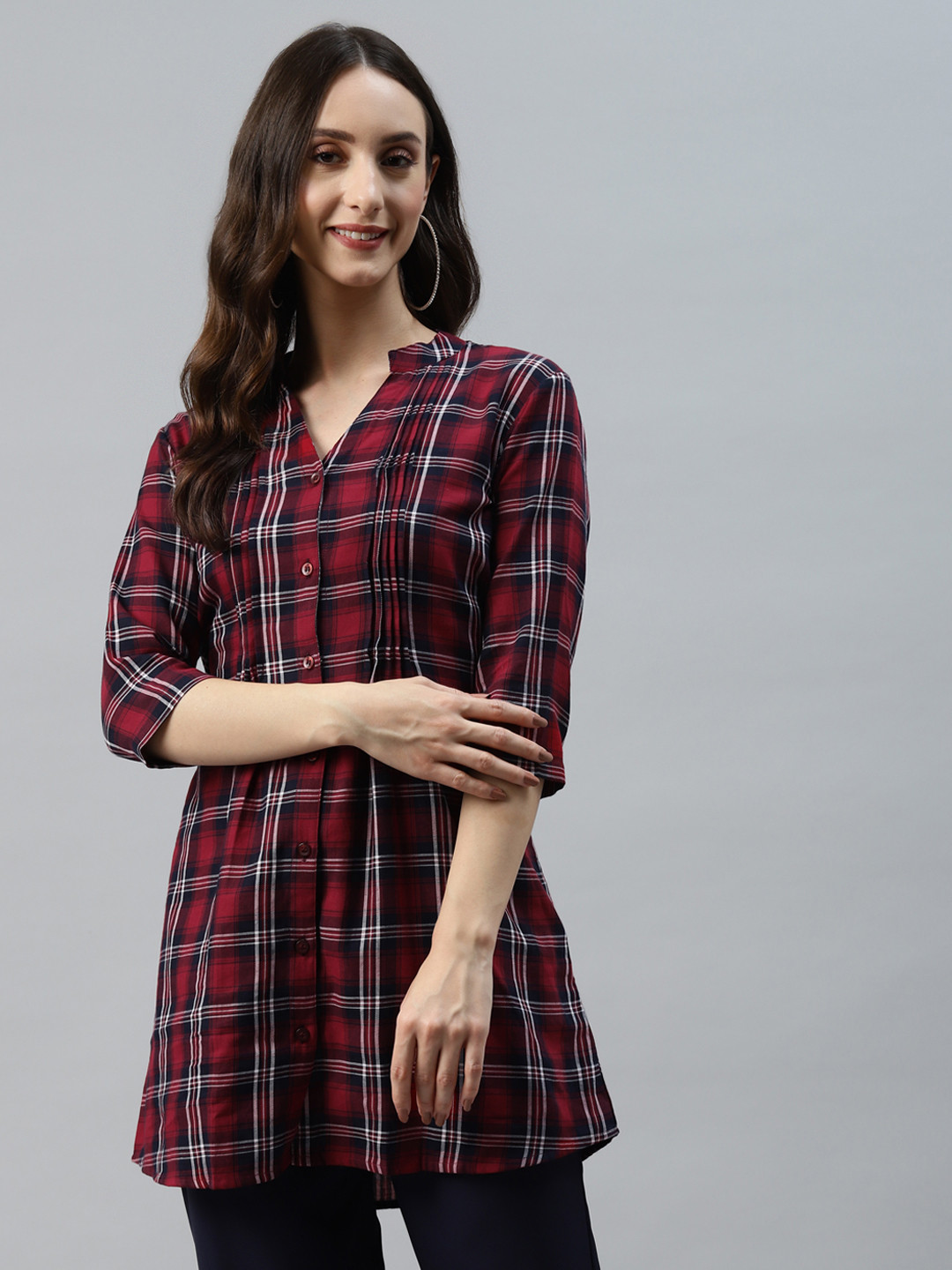 One Femme Maroon & Navy Blue Cotton Mandarin Collar Checked Tunic