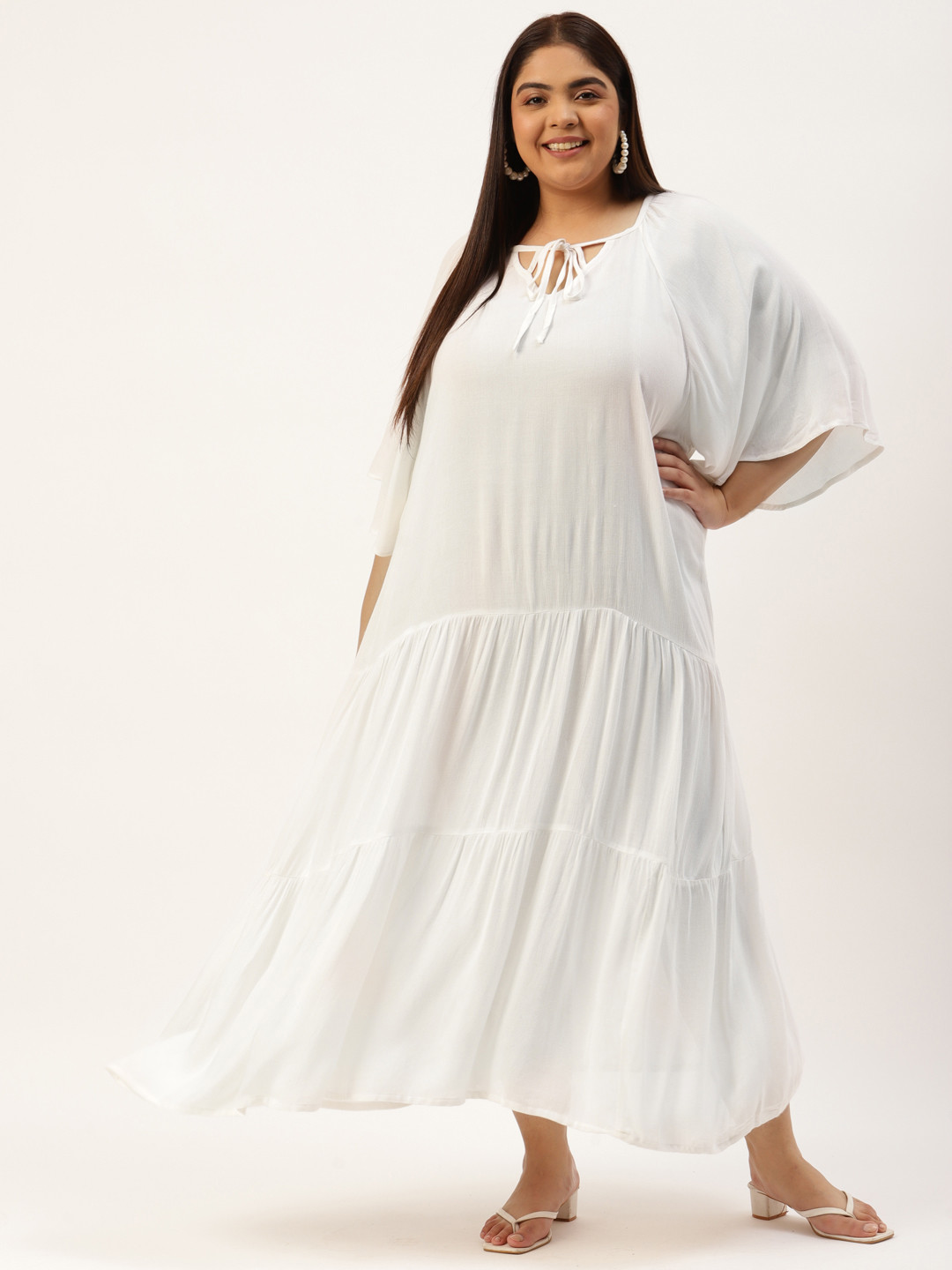 theRebelinme Plus Size White Solid Tiered A-Line Maxi Dress