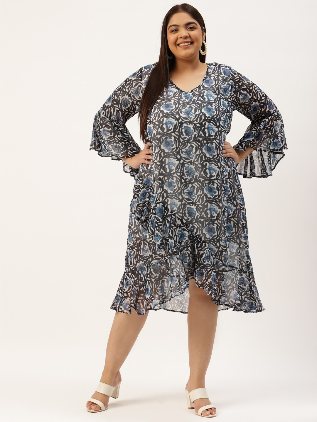 theRebelinme Plus Size White & Blue Floral Printed Georgette A-Line Midi Dress
