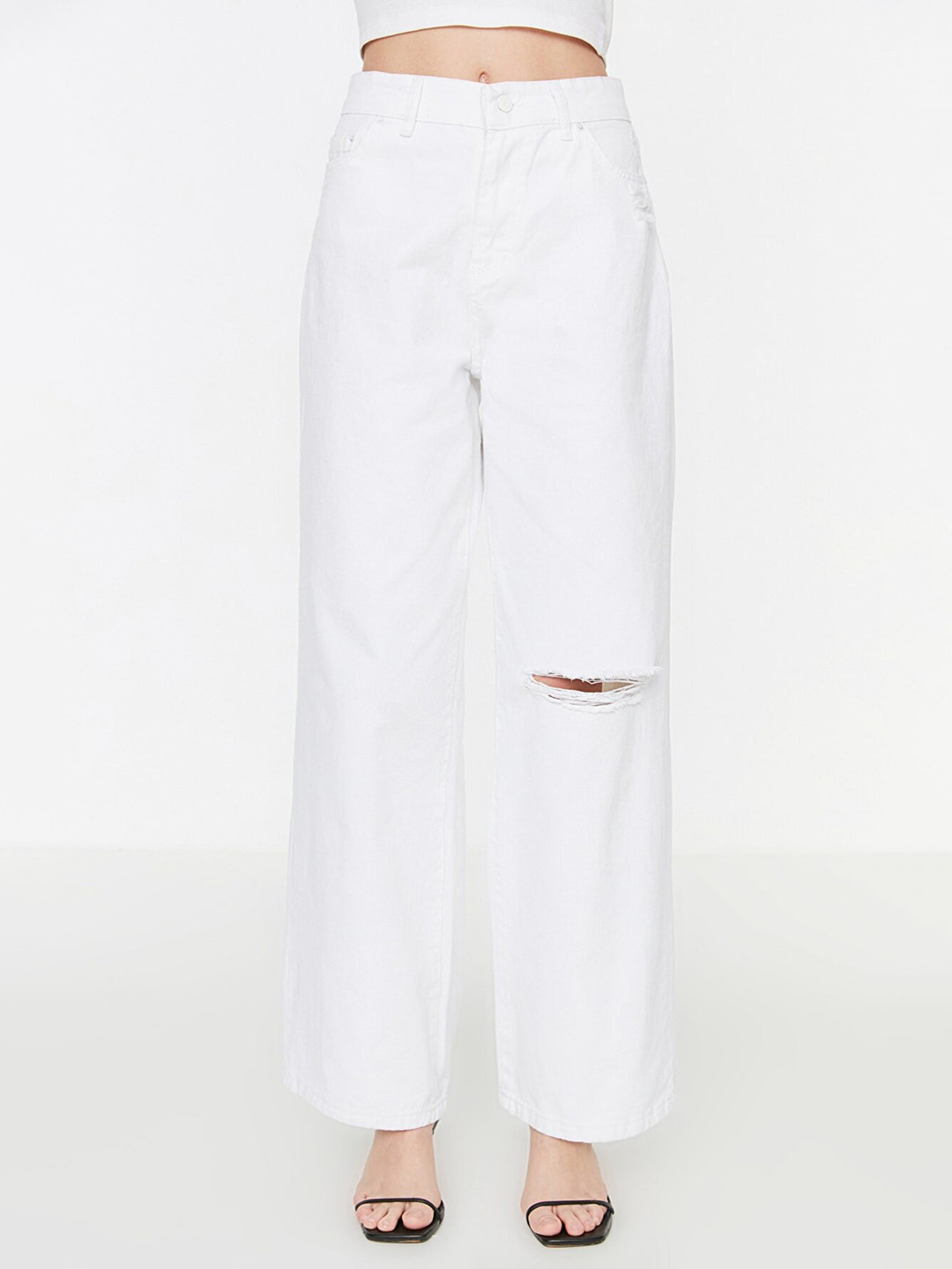 Trendyol Women White Solid Wide Leg Pure Cotton Slash Knee Jeans